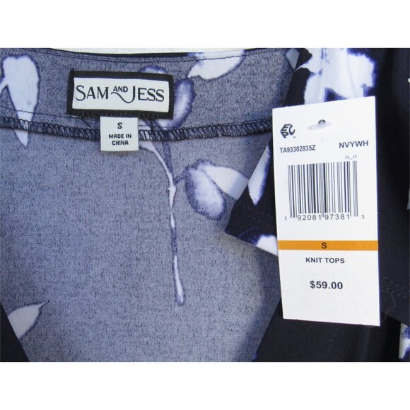 Sam and Jess Faux Wrap Tiered Floral Pullover Long Sleeve Top Navy Sz S NWT - Picture 3 of 3